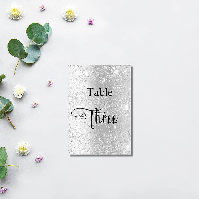 Elegant silver glitter calligraphy table three 3 table number (Creator Uploaded)