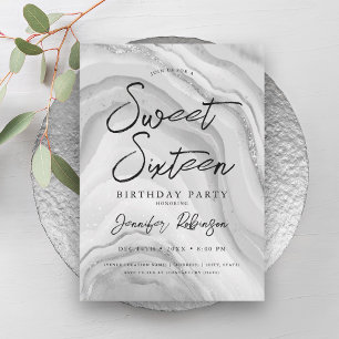 Elegant Silver Glitter Chic Marble Glam Sweet 16 Invitation