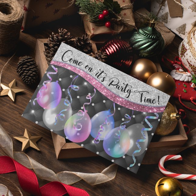 Elegant silver glitter Christmas party balloons Postcard (Creator Uploaded)
