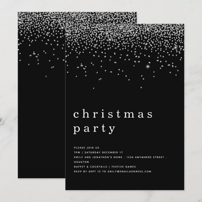 Elegant Silver Glitter Christmas Party Black Invitation (Front/Back)