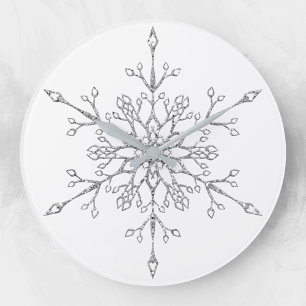 Elegant Silver Glitter Christmas Snowflake Holiday Large Clock