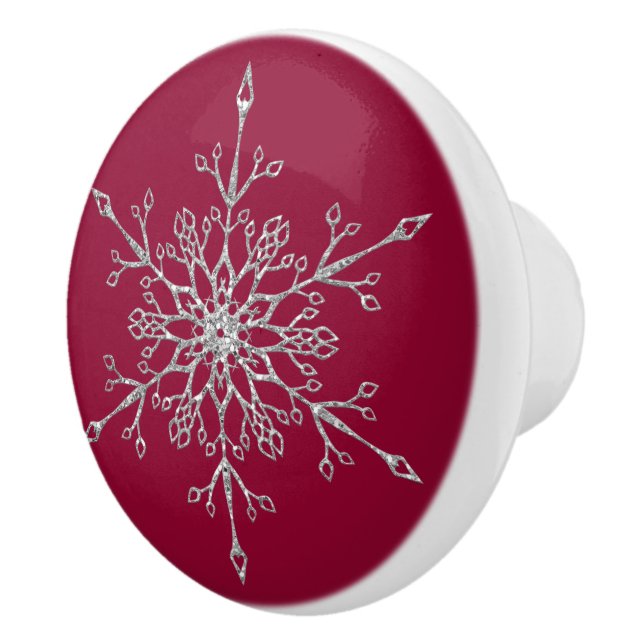 Elegant Silver Glitter Christmas Snowflake Red Ceramic Knob (Right)