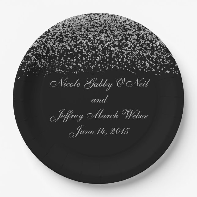 Elegant Silver Glitter Confetti Wedding Paper Plate (Front)