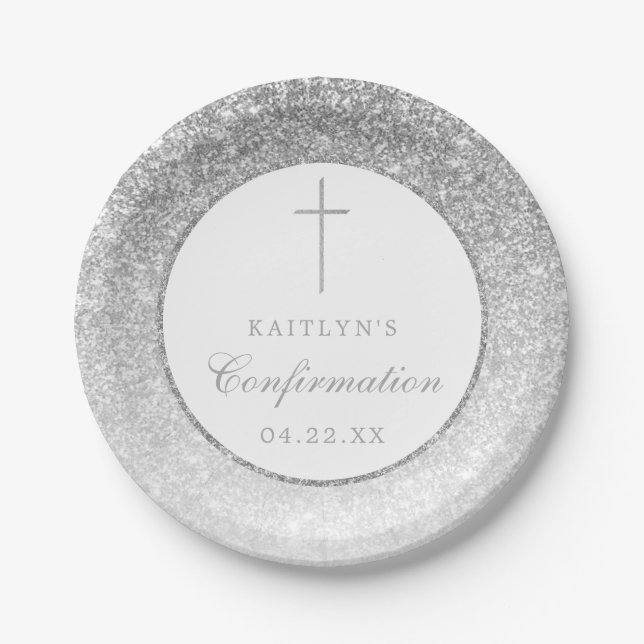 Elegant Silver Glitter Confirmation Or Baptism Paper Plate (Front)