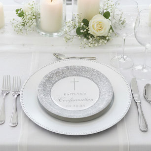 Elegant Silver Glitter Confirmation Or Baptism Paper Plate