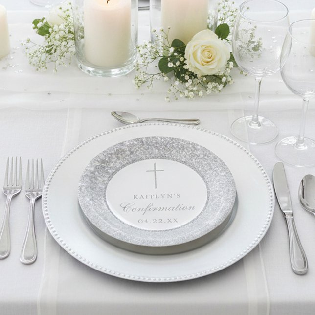 Elegant Silver Glitter Confirmation Or Baptism Paper Plate (Creator Uploaded)