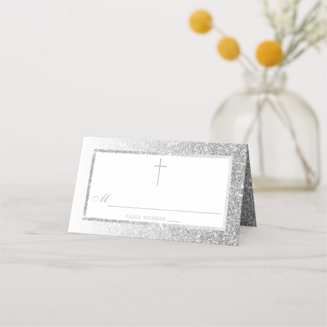 Elegant Silver Glitter Confirmation Or Baptism Place Card (Front)