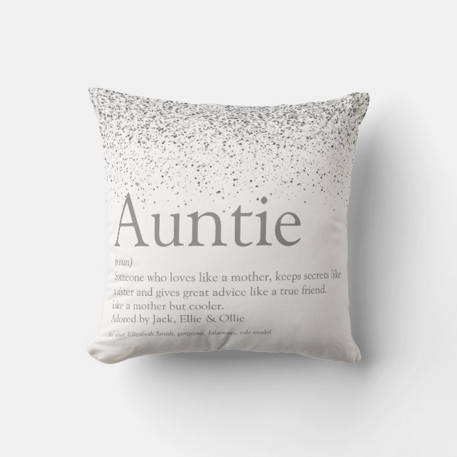 Elegant Silver Glitter Cool Auntie Aunt Definition Throw Pillow (Front)