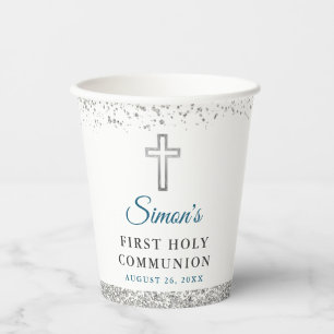 Elegant Silver Glitter Cross First Holy Communion Paper Cups