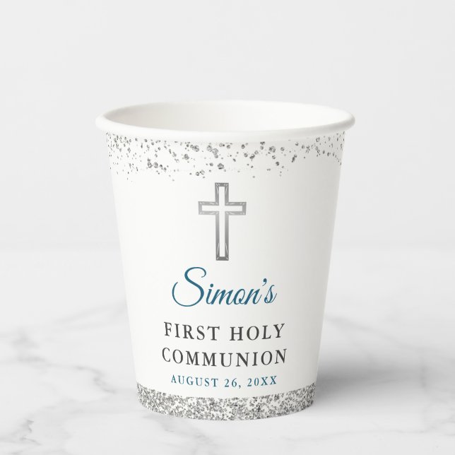 Elegant Silver Glitter Cross First Holy Communion Paper Cups (Front)