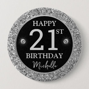 Elegant Silver Glitter Diamonds Birthday 4 Inch Round Button