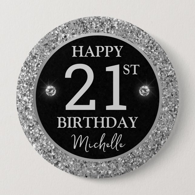 Elegant Silver Glitter Diamonds Birthday 4 Inch Round Button (Front)