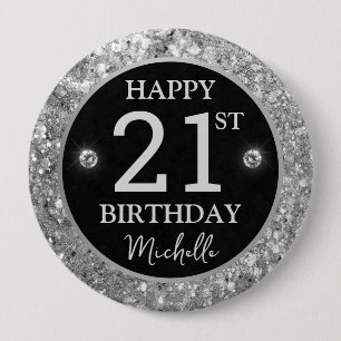 Elegant Silver Glitter Diamonds Birthday 4 Inch Round Button