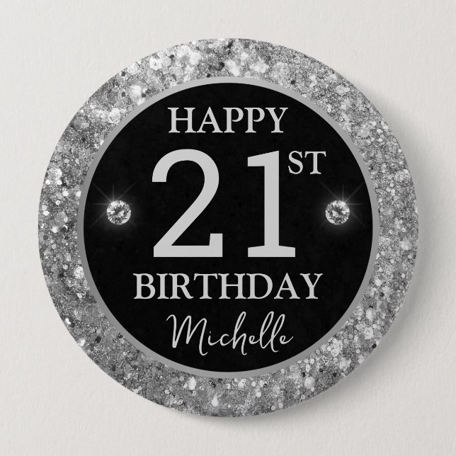 Elegant Silver Glitter Diamonds Birthday 4 Inch Round Button (Front)