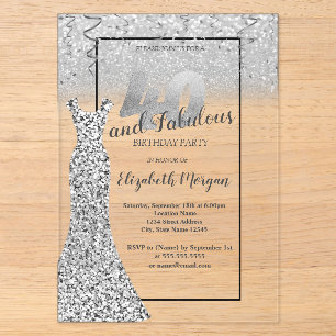 Elegant Silver  Glitter Dress 40th Birthday Party Acrylic Invitations