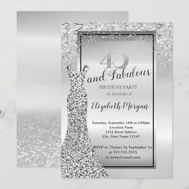 Elegant Silver Glitter Dress 40th Birthday Party  Invitation (Front/Back)
