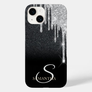 Elegant Silver Glitter Drips Black Glitter Case-Mate iPhone 14 Case