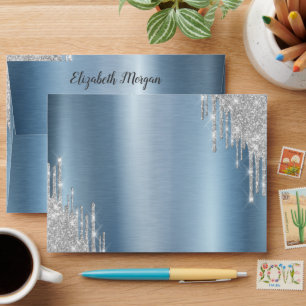 Elegant Silver Glitter Drips Blue Envelope