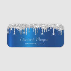 Elegant Silver Glitter Drips Blue Metallic Name Tag