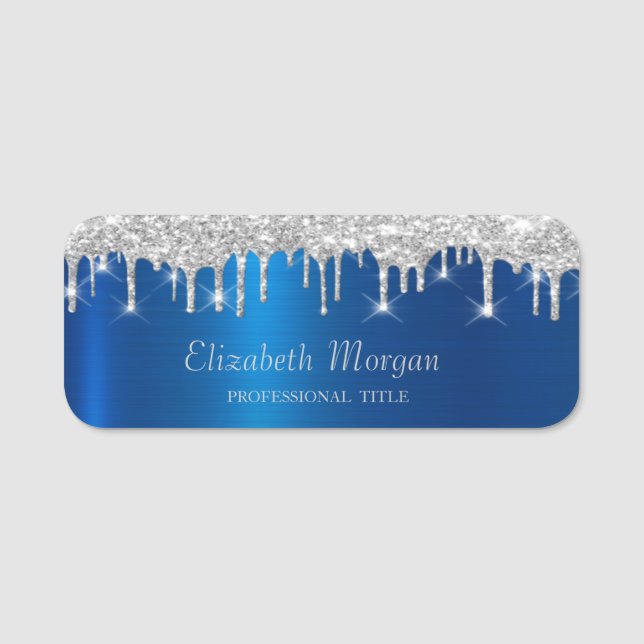 Elegant Silver Glitter Drips Blue Metallic Name Tag (Front)
