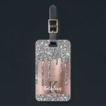 Elegant Silver Glitter Drips Pink Metal Monogram Luggage Tag<br><div class="desc">Modern, girly silver grey glitter drips name and monogrammed luggage tag. This design features silver grey (grey) glitter sparkle drips on pink rose gold brushed metal background with custom personalized monogram initial and first name text template. Perfect feminine gift. Please note, this design is printed photo effect. If you need...</div>