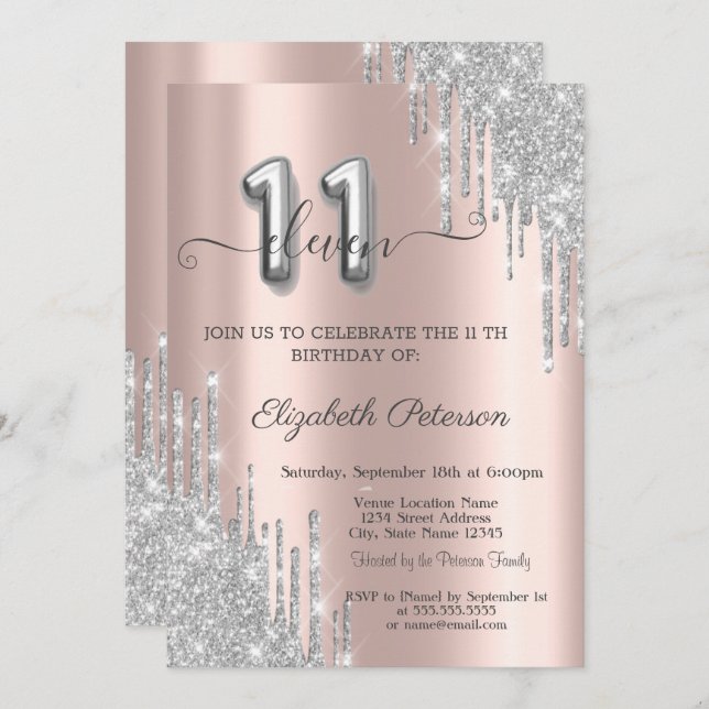 Elegant Silver Glitter Drips Rose Gold 11th Invitation (Front/Back)