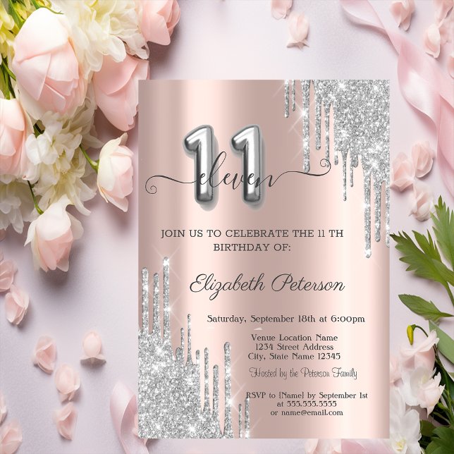 Elegant Silver Glitter Drips Rose Gold 11th Invitation (Creator Uploaded)
