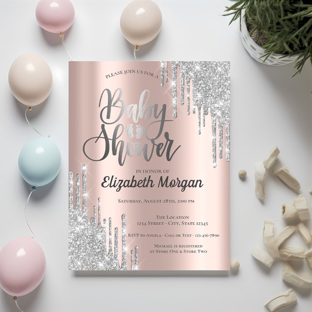Elegant Silver Glitter Drips Rose Gold Baby Shower Invitation (Creator Uploaded)