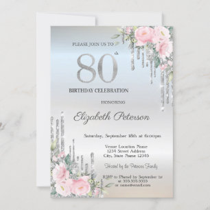 Elegant Silver Glitter Drips Roses 80th Birthday Invitation