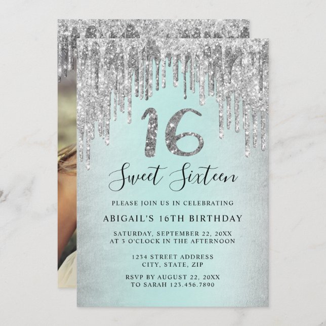 Elegant silver glitter drips sweet sixteen photo invitation (Front/Back)