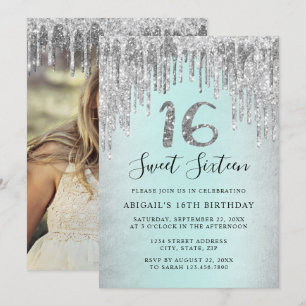 Elegant silver glitter drips sweet sixteen photo invitation