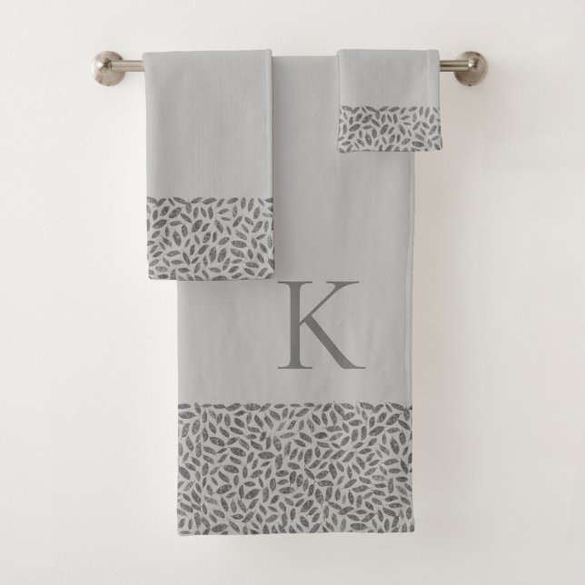 Elegant Silver Glitter Feathers on Grey Monogram Bath Towel Set (Insitu)