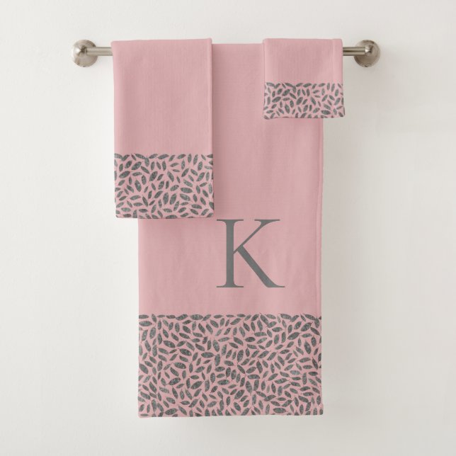 Elegant Silver Glitter Feathers on Pink Monogram Bath Towel Set (Insitu)