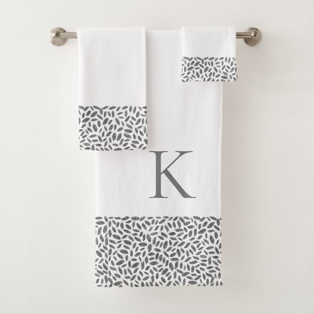 Elegant Silver Glitter Feathers on White Monogram Bath Towel Set (Insitu)