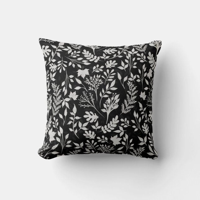 Elegant Silver Glitter Foliage Black Design Case-M Throw Pillow (Front)