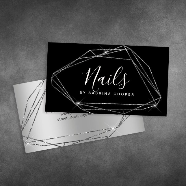 Elegant silver glitter frame nails business card (Creator Uploaded)