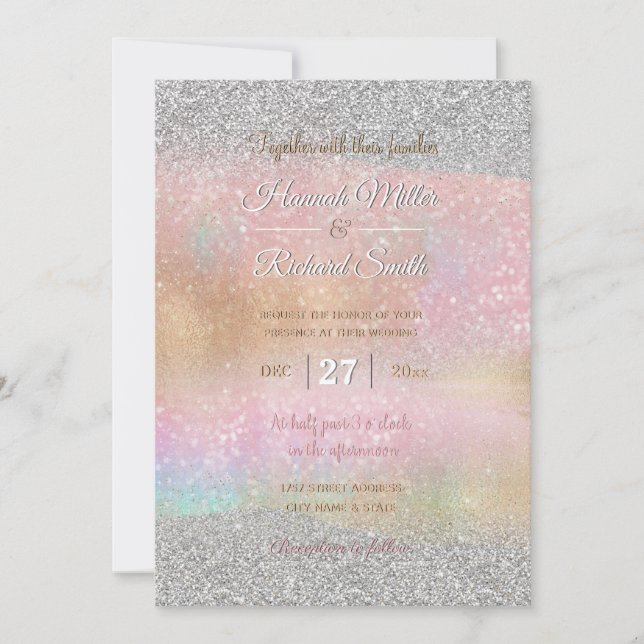 Elegant Silver Glitter Gold Rainbow Abstract Art Invitation (Front)