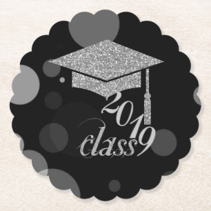 Elegant Silver Glitter Graduation Cap, Class 2019 Paper Coaster