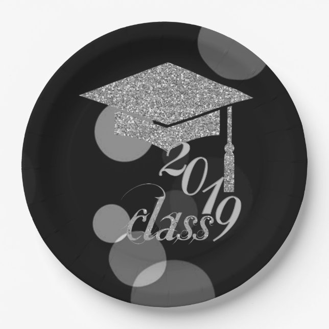 Elegant Silver Glitter Graduation Cap, Class 2019 Paper Plate (Front)