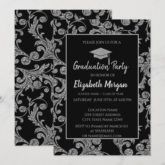 Elegant  Silver Glitter Graduation Cap,Swirls Invitation (Front/Back)