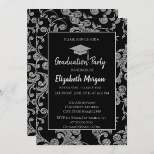 Elegant Silver Glitter Graduation Cap,Swirls Invitation