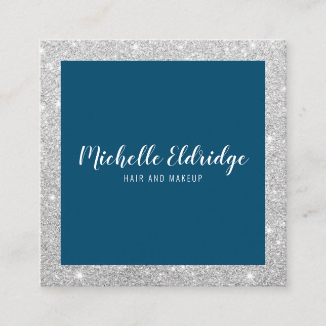 Elegant silver glitter hair makeup navy blue square business card (Front)