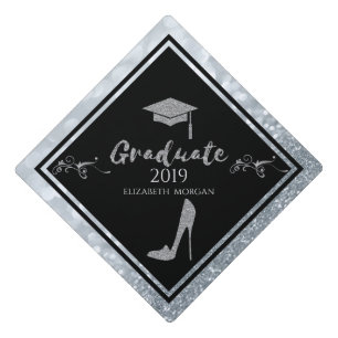 Elegant Silver  Glitter High Heels, Graduate Cap