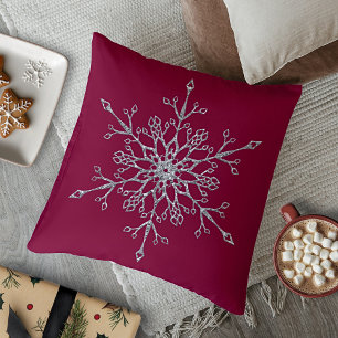 Elegant Silver Glitter Holiday Snowflake Burgundy Throw Pillow