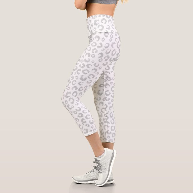 Elegant Silver Glitter Leopard Pattern Capri Leggings (Left)