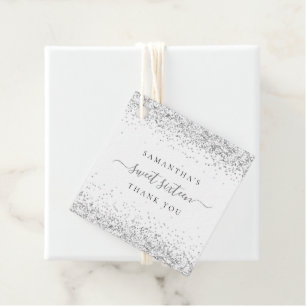 Elegant Silver Glitter Name Sweet Sixteen Thanks  Favour Tags