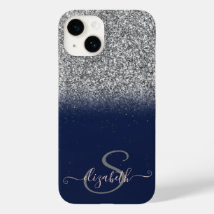 Elegant Silver Glitter Ombre,Navy Blue Monogram  Case-Mate iPhone 14 Case