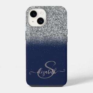 Elegant Silver Glitter Ombre,Navy Blue Monogram iPhone 14 Case