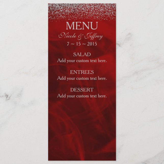 Elegant Silver Glitter on Red Wedding Menu (Front)