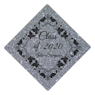 Elegant,Silver,Glitter,Ornamental,Personalize Graduation Cap Topper